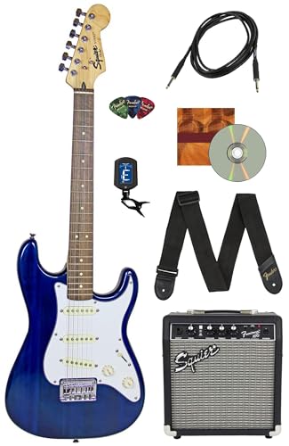 Fender Squier 24-Inch Short Scale Strat Pack - Transparent Blue Bundle...