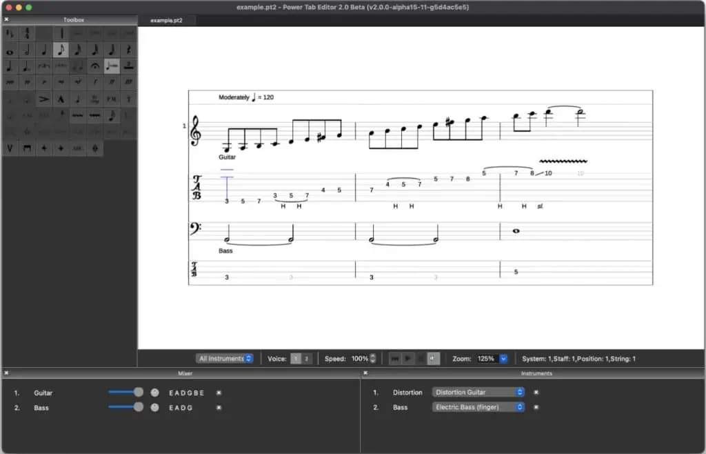 Power Tab Editor 2 showing a guitar and bass part in tab and notation, with hammer ons and a slide. Screenshot from the Power Tab Editor website.