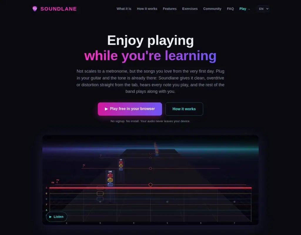 Soundlane website showing its scrolling note highway for playing a real guitar in the browser