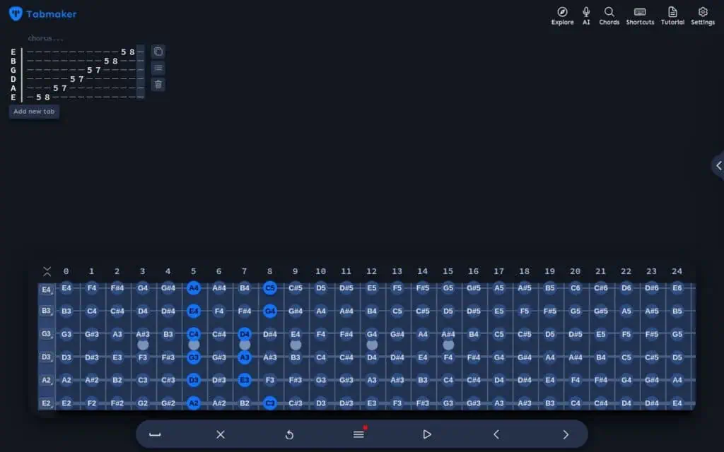 TabMaker browser editor with an A minor pentatonic run written in tab above a clickable fretboard