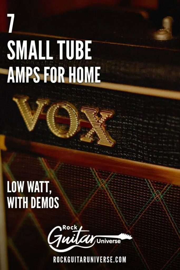 Pinterest pin for the 7 best small tube amps for home, a close up of a Vox amp grille and logo