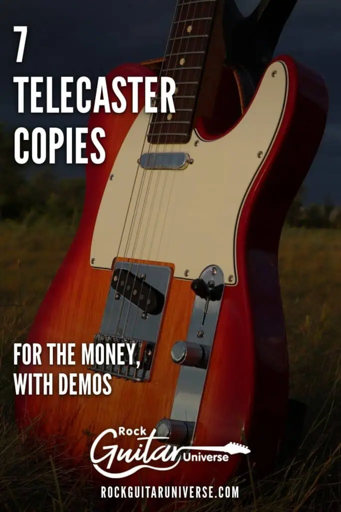 Pinterest pin for the 7 best Telecaster copies for the money, a sunburst Telecaster style guitar standing in a field under a stormy sky