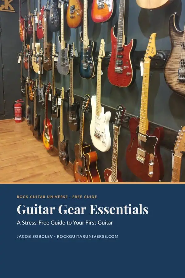 Cover of Guitar Gear Essentials, a free guide to your first guitar by Jacob Sobolev