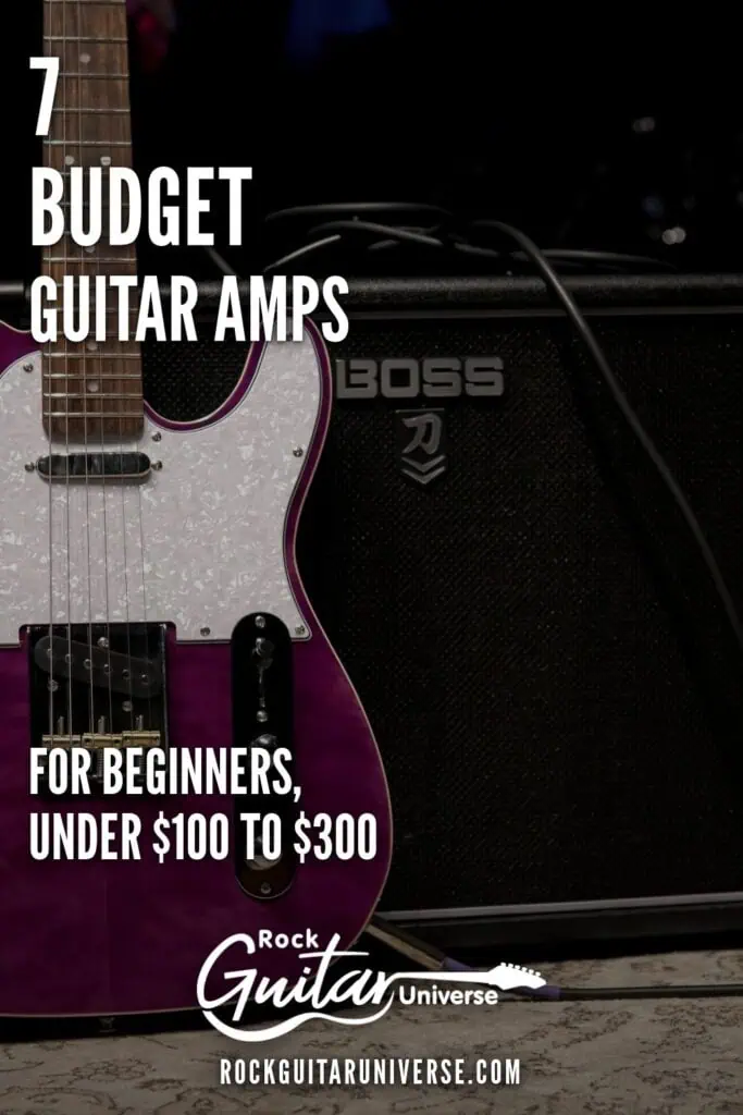 Pinterest pin for the 7 best budget guitar amps for beginners, a purple electric guitar leaning on a Boss combo amp